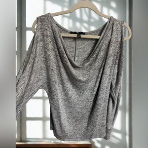 White House Black Market Light Gray Cowl Neck Sweater with open shoulder